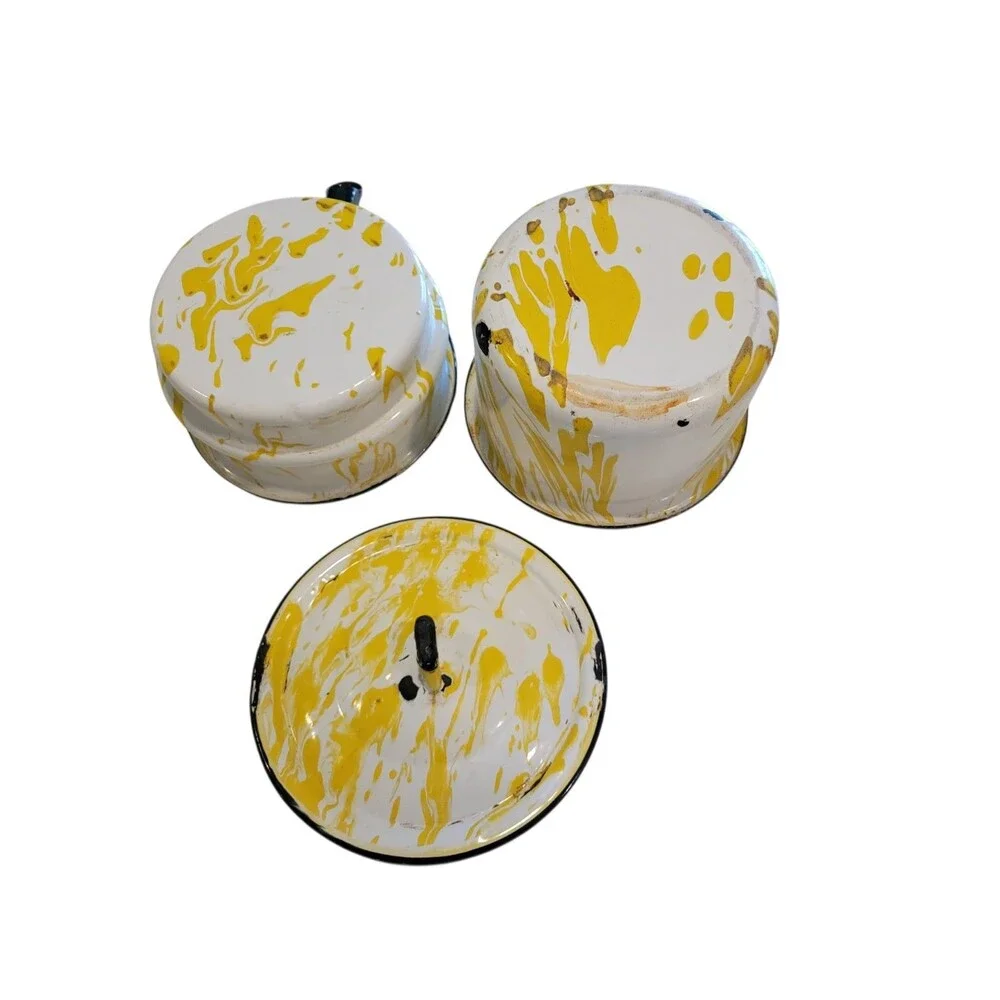 Vintage Enamel Double Boiler Yellow Splatter Lid Saucepan